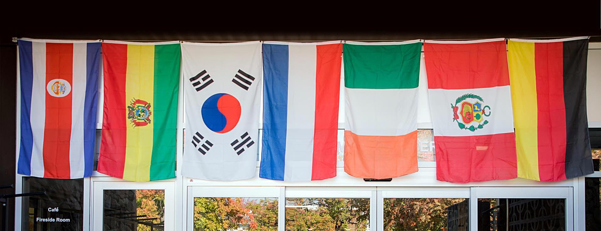 Various world flags hung up on building representing different countries