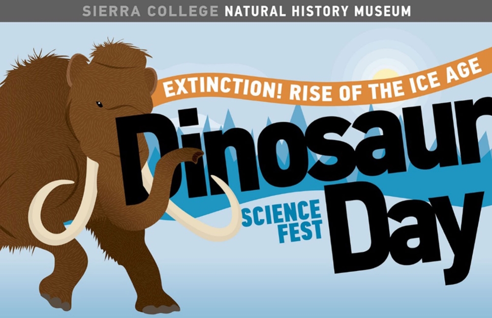 Cartoon of mammoth announcing Dino Day event that says: Extinction! Rise of the Ice Age