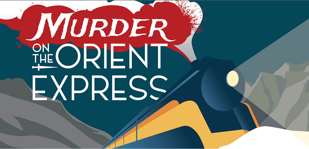 Illustration of 1920s style train with the words "Murder on the Orient Express"