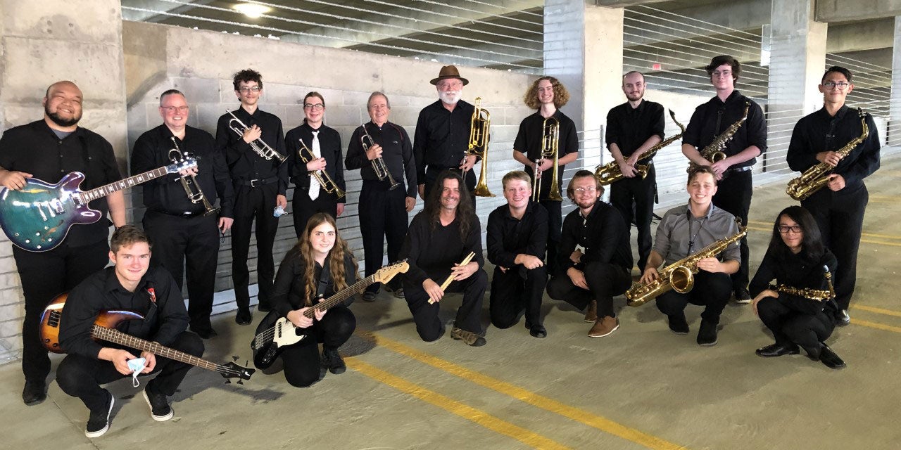 Sierra College Jazz Ensemble Fall 2021 in the parking garage on the Rocklin Campus.