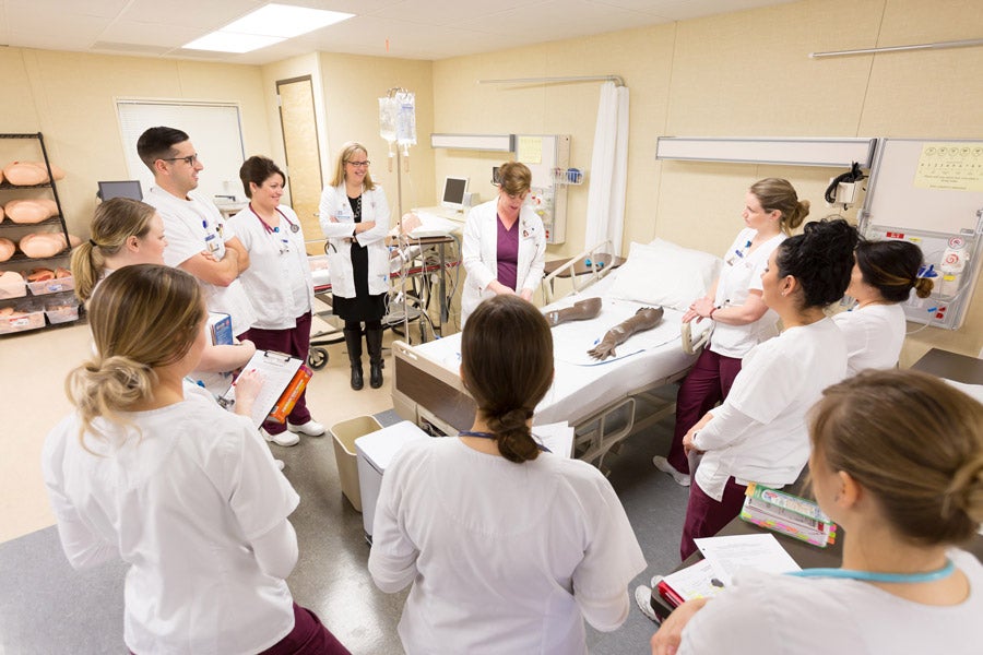 Nancy Schwab participates at a Sierra College nursing class