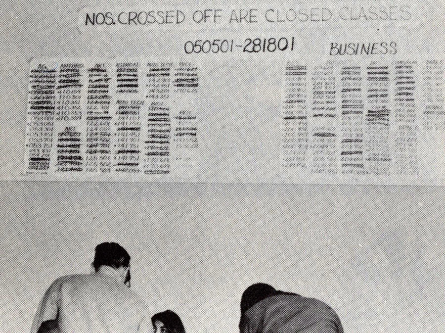 Registration process at Sierra College in 1960s with manually updated chart of classes