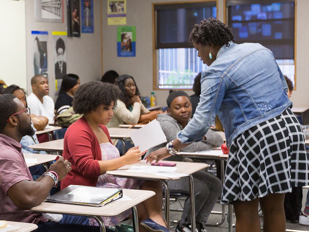 Instructor teaching an Umoja Learning Community class for Black students at Sierra College