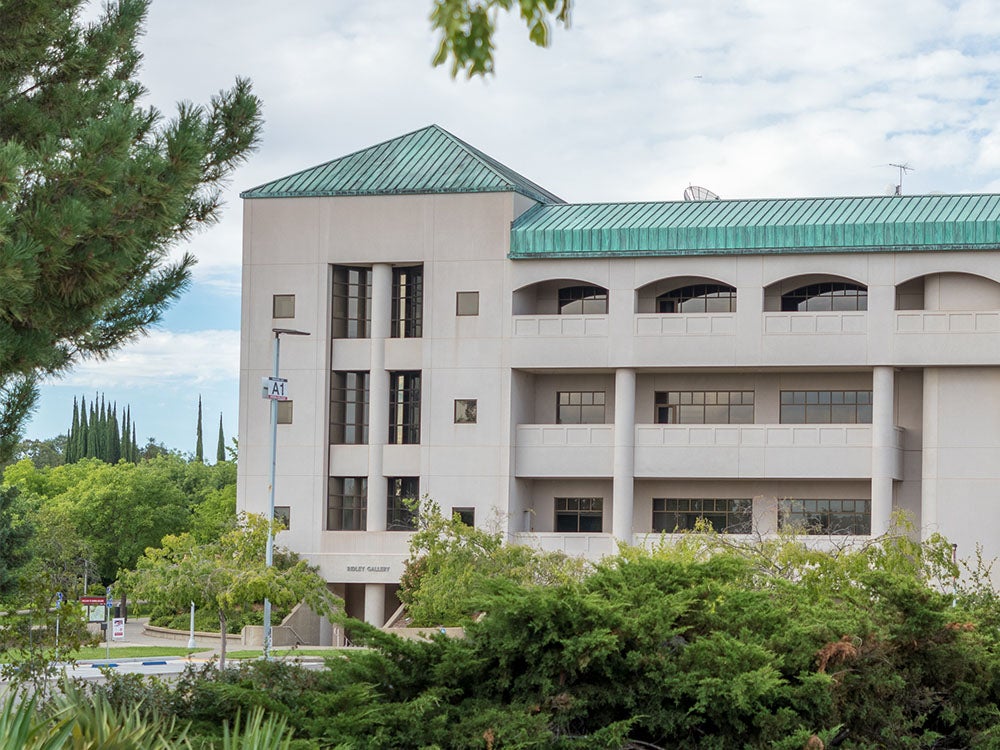 Sierra College Rocklin library building with oxidized copper roofing surrounded by landscaping