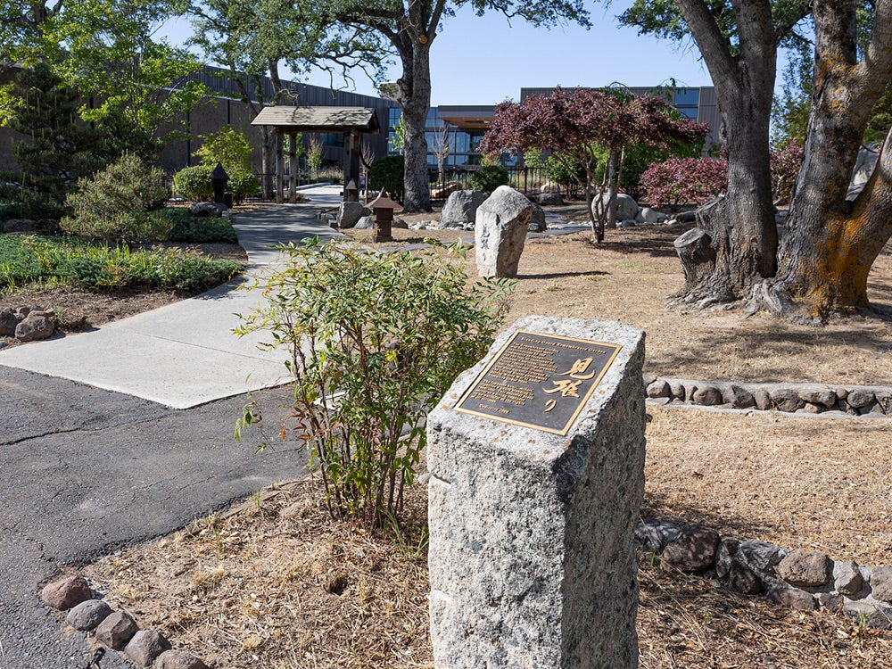 The Standing Guard garden when facing west toward the campus quad. 