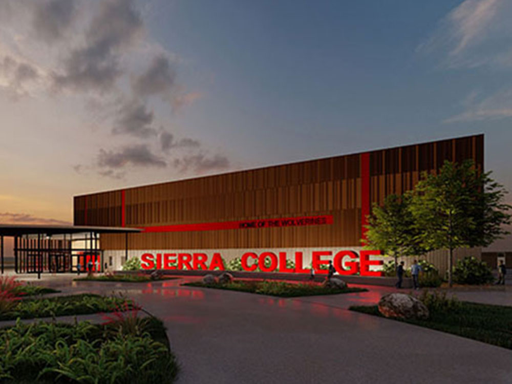 Rendering of the modern gym building with "Sierra College Home of the Wolverines" sign