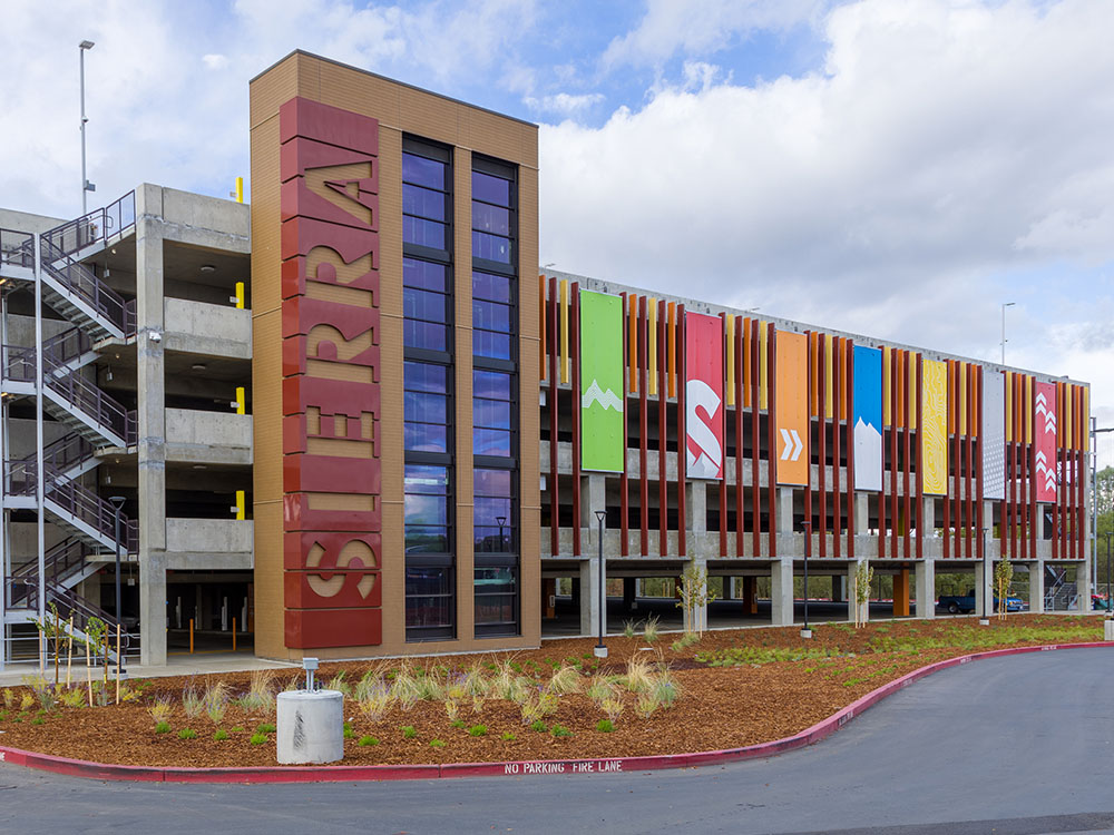 Four level parking structure with vertical Sierra signage