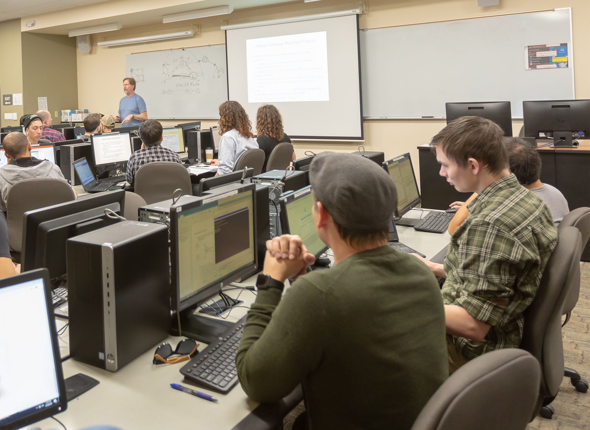 Students at computer stations in an Information Technology class at Sierra College