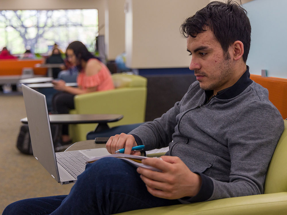 Student conducting research on laptop in Rocklin campus library.