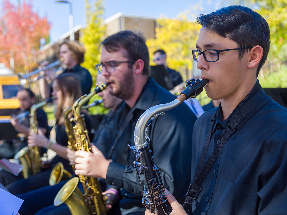 Students playing saxaphone during Sierra College campus event