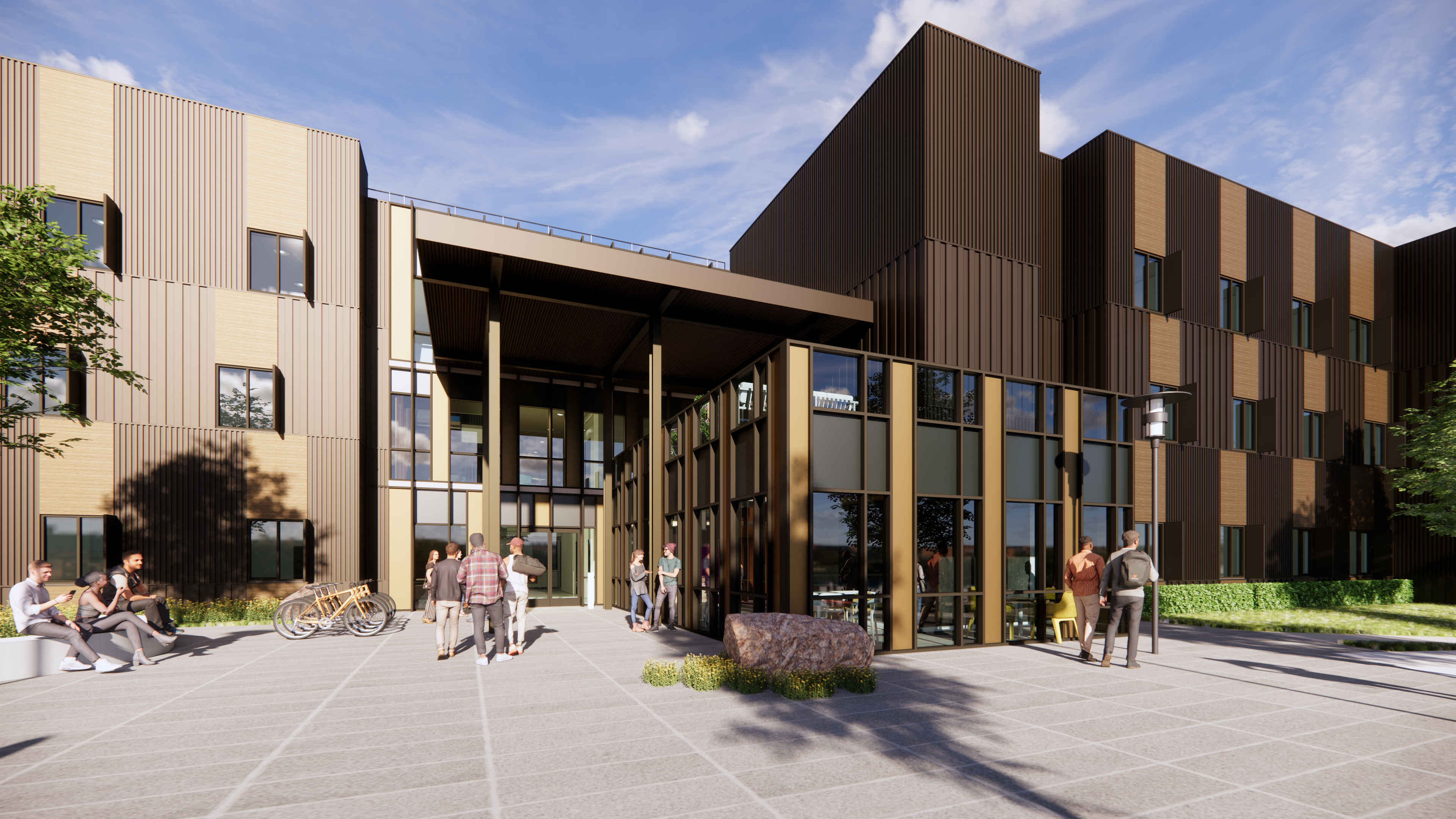 Digital rendering of three story student housing, showing animated students walking and conversing around the exterior.