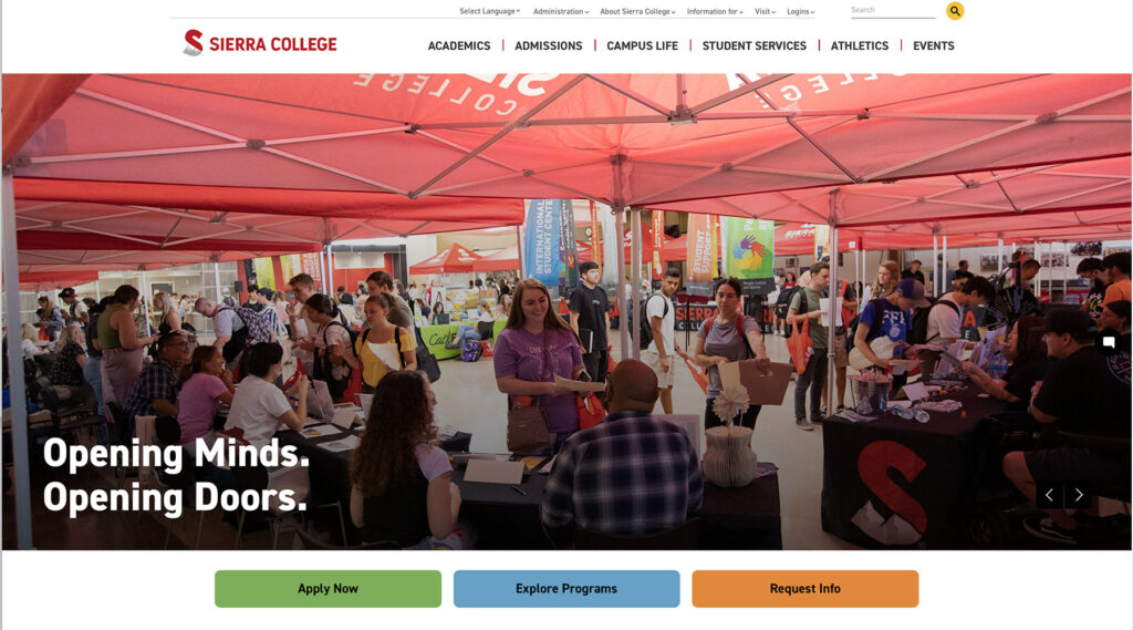 Screenshot of Sierra College homepage