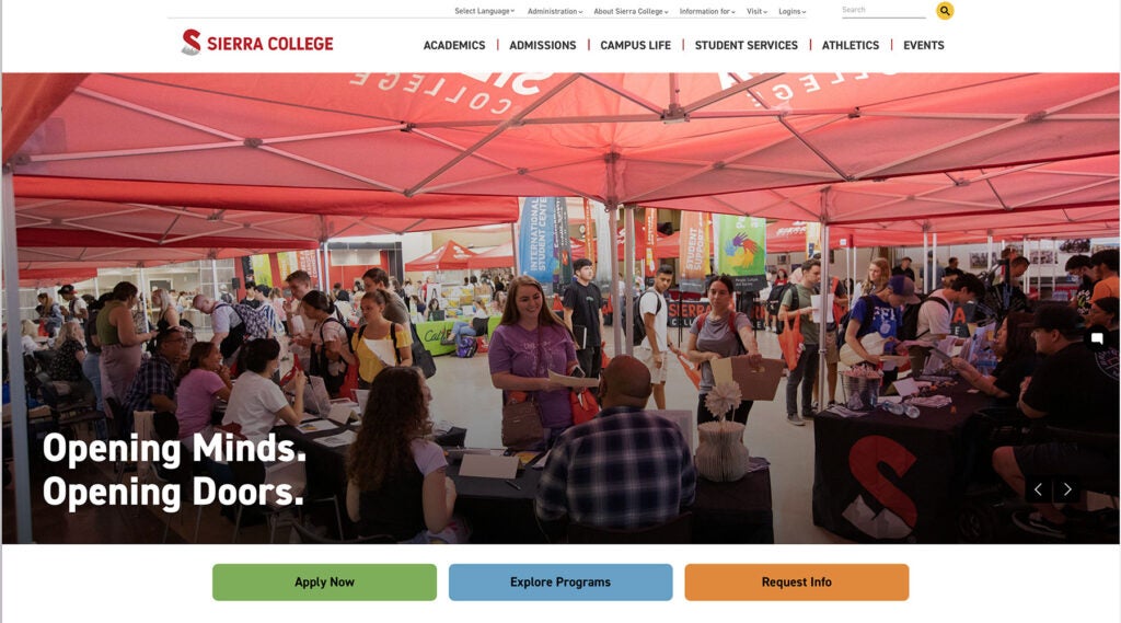 Screenshot of Sierra College homepage