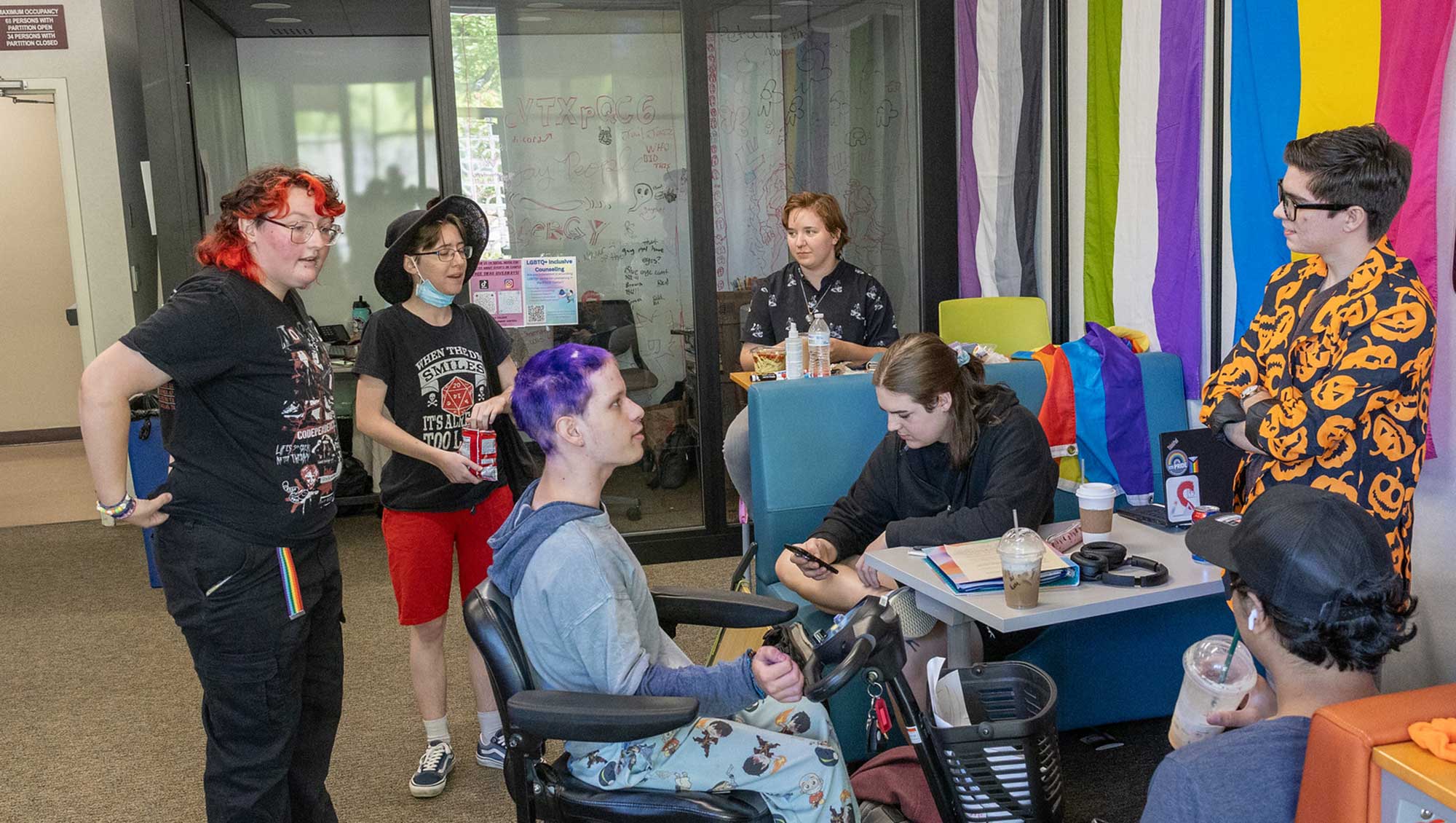 Six students gather in Pride Center on Rocklin Campus