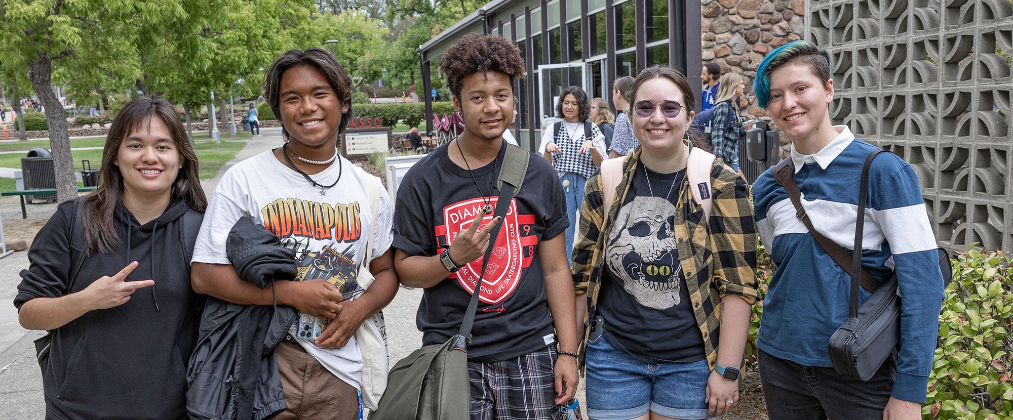 Five students outside of Cross Cultural Center on Rocklin Campus