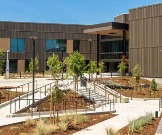 Exterior of Q building and outdoor plaza