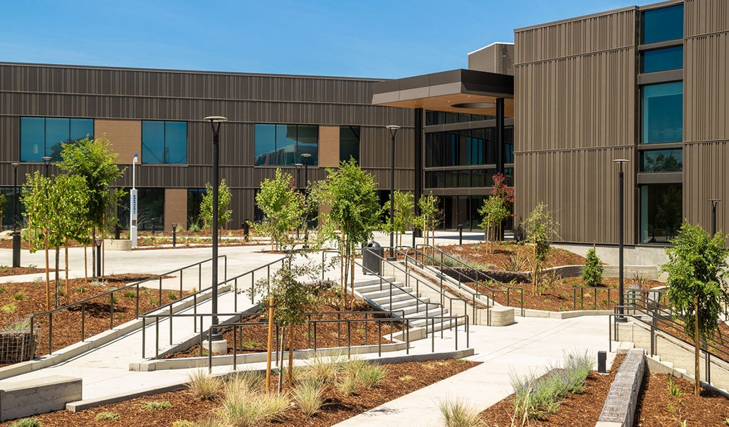 Exterior of Q building and outdoor plaza