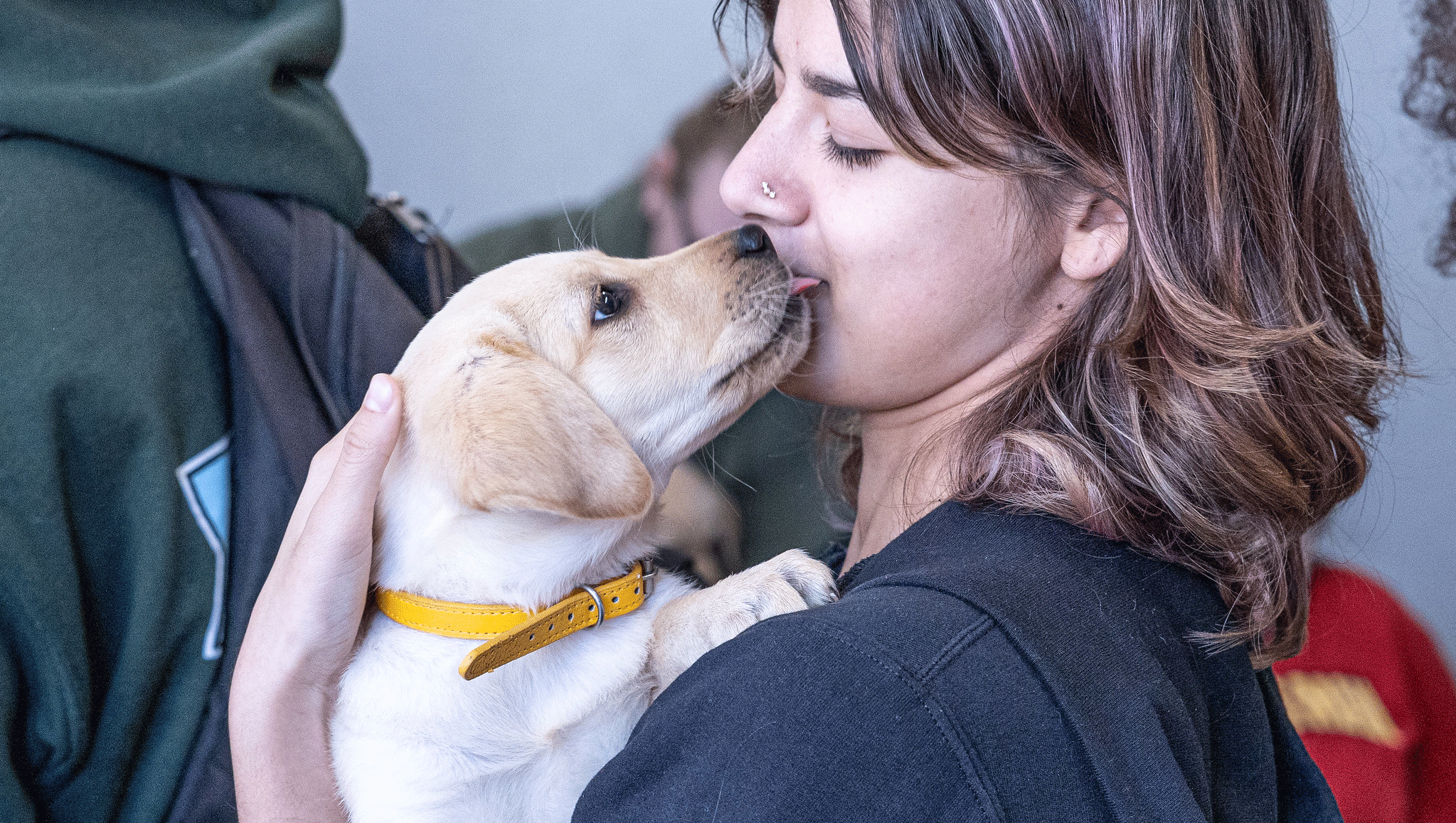 Student receives puppy kiss