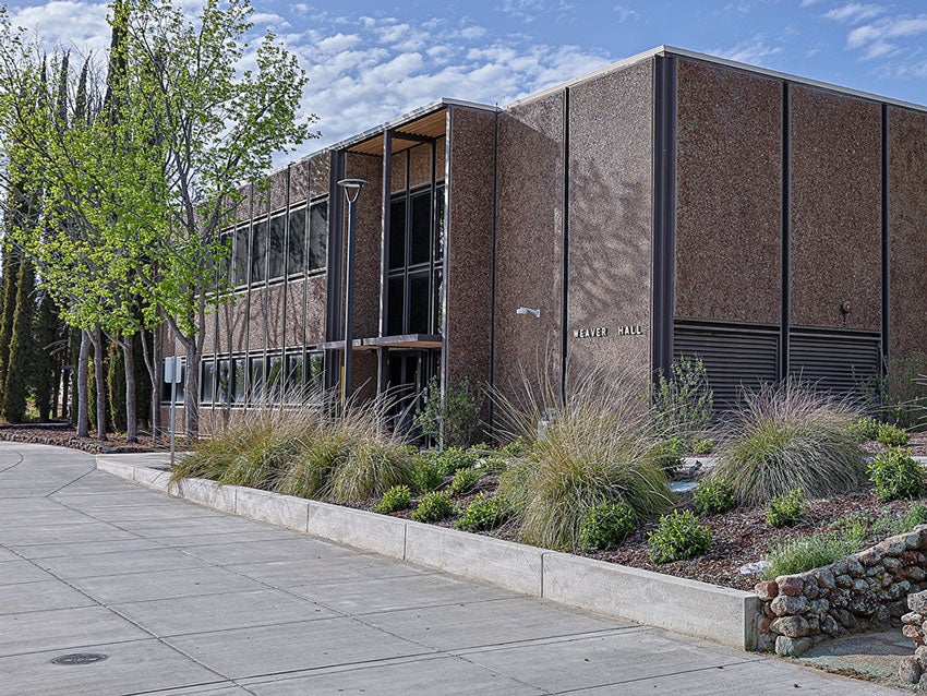 Front of Weaver Hall building with multi-panel glass and landscaping
