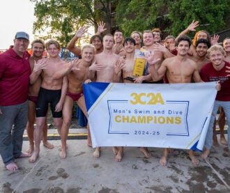 The Sierra College 2024-25 Men's Swim and Dive team proudly show off their championship trophy.