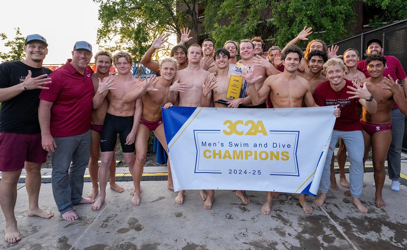 The Sierra College 2024-25 Men's Swim and Dive team proudly show off their championship trophy.