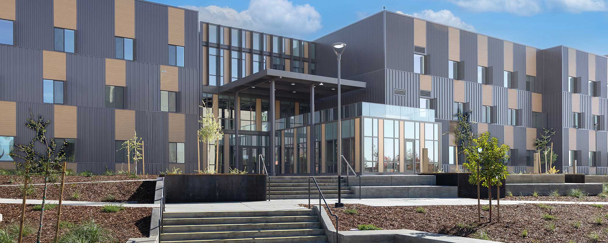 Main entrance to student housing building on Rocklin Campus