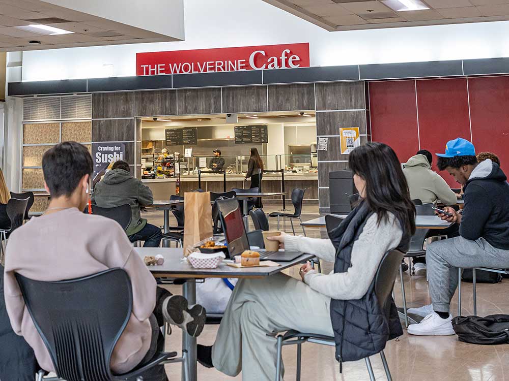Students eating and studying in cafeteria outside the Wolverine Cafe