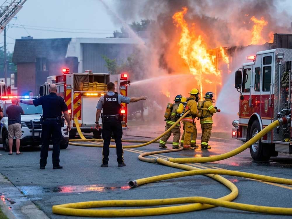 Police keep the public out of harms way as firefighters work to extinguish structure fire.