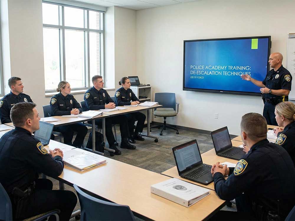 Instructor providing police training to attendees in a classroom setting