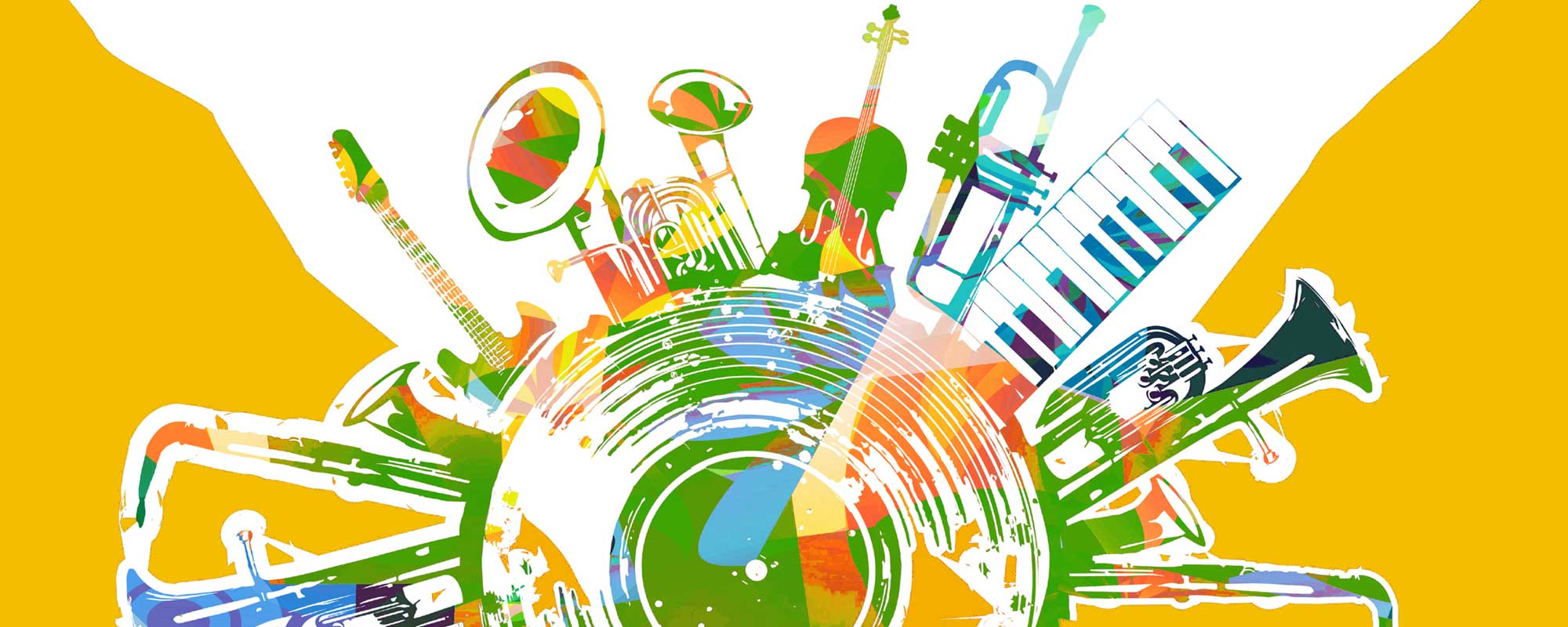 Various musical instruments on bright yellow background