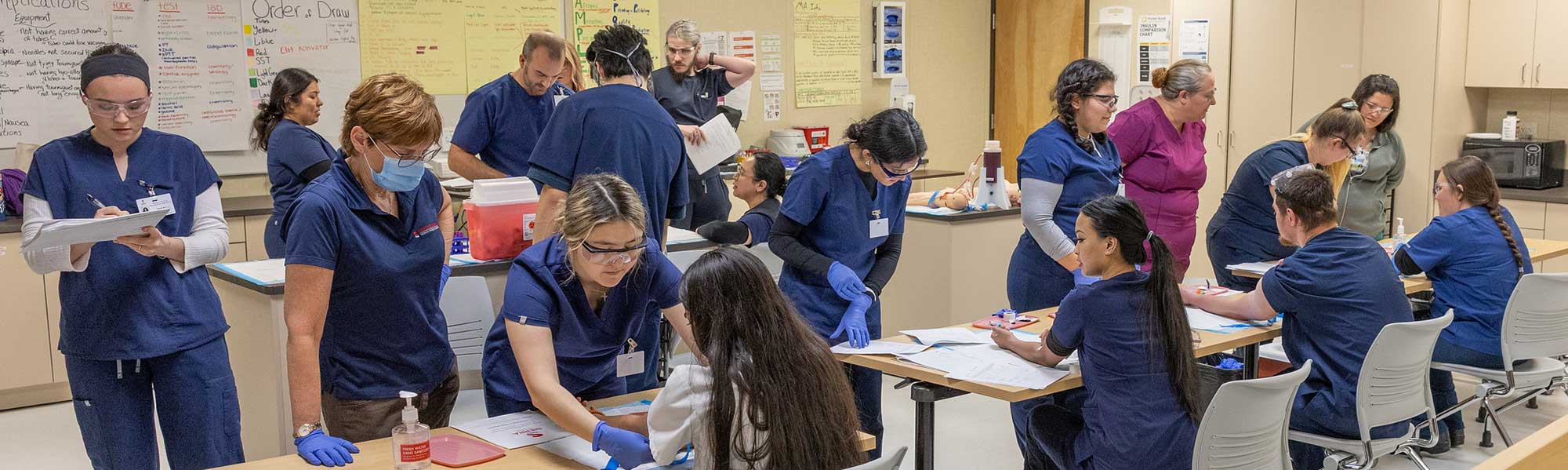 Phlebotomy student practicing drawing blood on a volunteer.