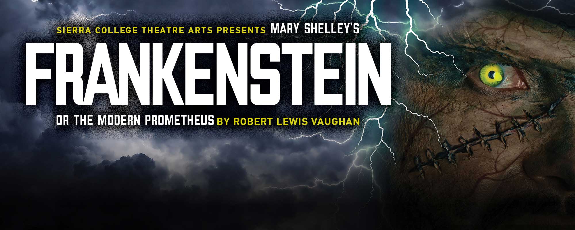 Scarred face of Frankenstein's monster staring out with one green eye with storm clouds and lightening in background