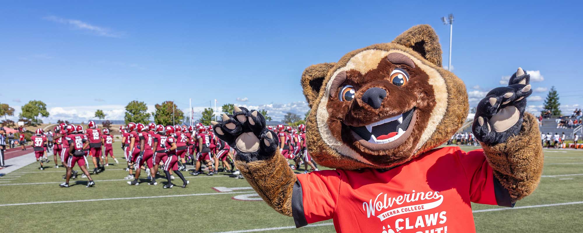 Sierra College wolverine mascot on football field with players