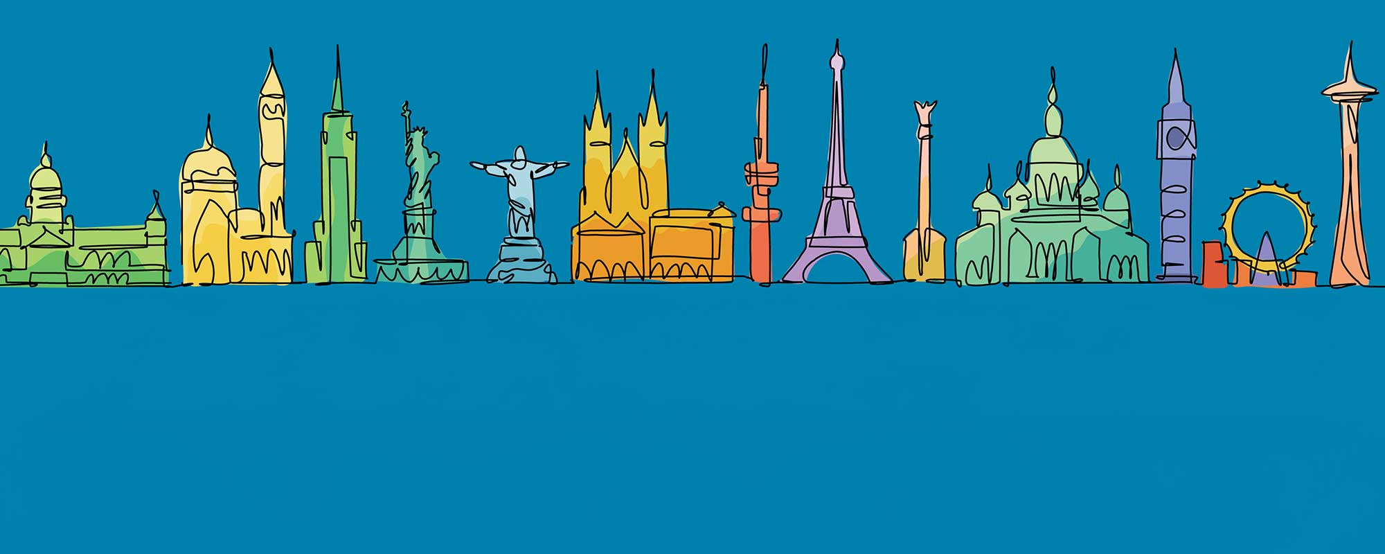 Illustrations of world landmarks on blue background