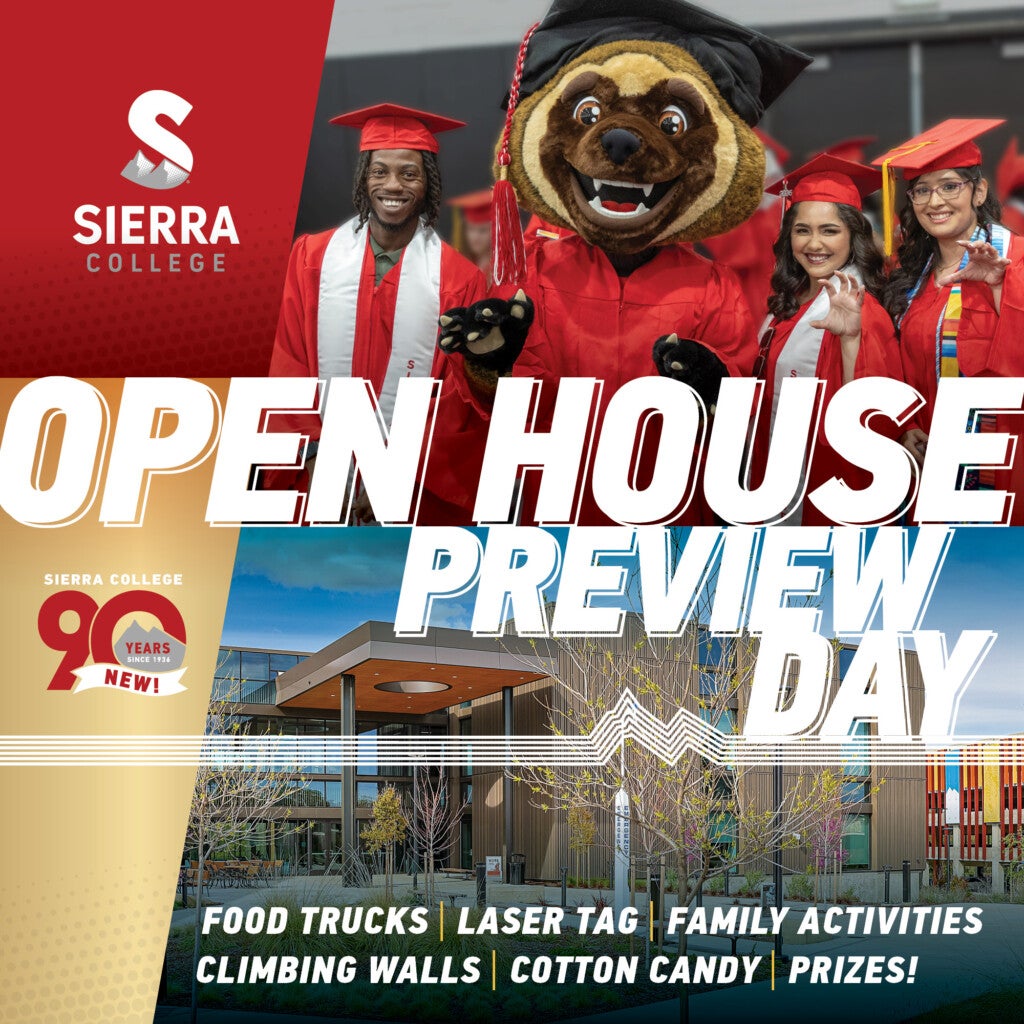 Sierra College Open House and Preview Day graphic featuring students with the Wolverine mascot and the Rocklin Campus. Event highlights include food trucks, laser tag, family activities, climbing walls, cotton candy and prizes.