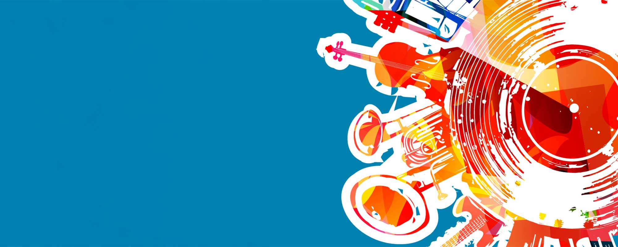 Bright red and orange illustration of tuba, violin, piano, guitar and other instruments